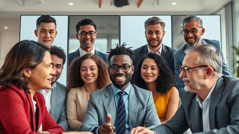 A photorealistic image of a diverse group of executives from different countries collaborating remotely on a video call, each speaking a different language but understanding each other perfectly, symbolizing seamless global communication. The scene is modern, professional, with clear, sharp focus on their engaged faces. Cinematic lighting, 8K hyper-detailed, shot on a high-end DSLR.