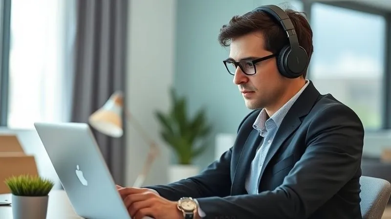A photorealistic image of a professional executive, wearing headphones, engaged in an online language lesson on a laptop, with a virtual tutor subtly visible on the screen. The executive is in a modern home office, looking focused and determined. The background is slightly blurred to emphasize the learning activity. Cinematic lighting, 8K hyper-detailed, sharp focus on the executive and laptop, depth of field, shot on a high-end DSLR.