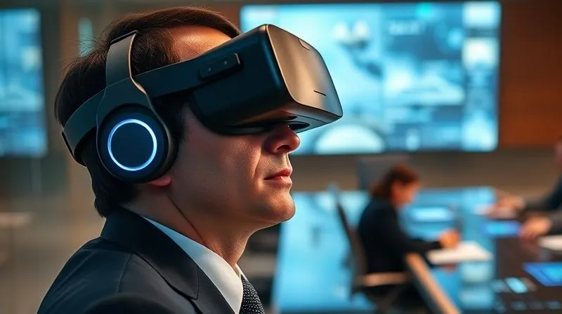 A photorealistic image of an executive wearing a sleek VR headset, immersed in a virtual business meeting conducted in a foreign language. The virtual environment is a modern, high-tech boardroom, with holographic data displays. The executive's face shows concentration and engagement. Cinematic lighting, 8K hyper-detailed, sharp focus on the executive and the subtle glowing elements of the VR interface, depth of field, shot on a high-end DSLR.
