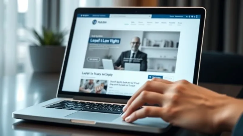 A photorealistic image of a clean, modern law firm website displayed on a laptop screen, with a blog post about legal rights visible. The screen shows clear typography, professional imagery, and easy navigation. In the background, a person's hands are lightly typing on the keyboard. Cinematic lighting, sharp focus on the screen, depth of field, 8K hyper-detailed, professional photography, shot on a high-end DSLR.