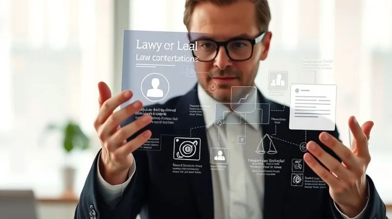 A photorealistic image of a lawyer, mid-career, confidently presenting a complex legal concept on a clean, modern social media interface (like LinkedIn or Instagram), with informative text overlays and professional graphics. The background is a soft-focus office environment. Cinematic lighting, sharp focus on the lawyer's expression and the digital content, depth of field, 8K hyper-detailed, professional photography, shot on a high-end DSLR.