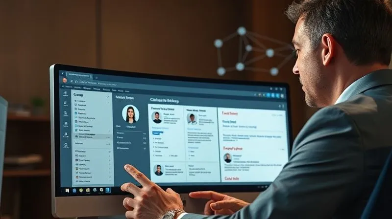 A photorealistic image of a lawyer interacting with a modern CRM software interface on a desktop computer, showing client profiles, communication history, and case statuses. The lawyer has a focused, professional expression. In the background, a subtle digital network visualization suggests connected data. Cinematic lighting, sharp focus on the screen and the lawyer's hands, depth of field, 8K hyper-detailed, professional photography, shot on a high-end DSLR.