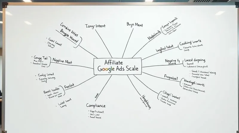 A photorealistic image of a detailed mind map on a whiteboard, with the central node labeled 'Affiliate Google Ads Scale'. Branches extend to 'Long-Tail Keywords', 'Buyer Intent', 'Negative Keywords', and 'Compliance', each with smaller sub-branches and notes. Cinematic lighting, sharp focus on the whiteboard, depth of field blurring a modern office background, 8K hyper-detailed.