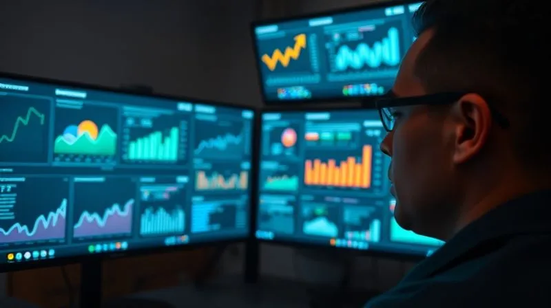 A photorealistic image of a person intensely focused on multiple large monitor screens, displaying various Google Ads dashboards with real-time analytics, graphs, and performance metrics. The room has soft, cinematic lighting, highlighting the person's face and the glow of the screens. Sharp focus on the monitors, depth of field blurring the background, 8K hyper-detailed, shot on a high-end DSLR.