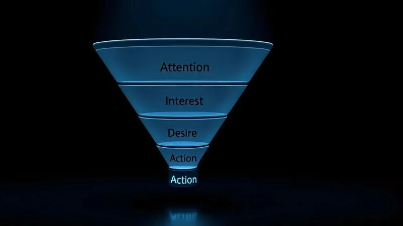 A photorealistic illustration of a classic AIDA marketing funnel, with each stage (Attention, Interest, Desire, Action) clearly labeled and visually flowing downwards, representing a customer journey. The funnel is sleek and modern, with subtle digital glow, set against a dark, professional background. Cinematic lighting, sharp focus, 8K hyper-detailed.
