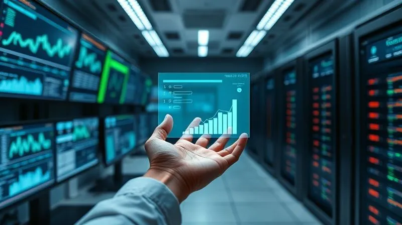 A photorealistic image of a futuristic, clean data center control room, with multiple screens displaying real-time graphs and metrics of website uptime and traffic, all managed by a single, calm hand hovering over a holographic interface. Cinematic lighting, sharp focus on the hands and holographic display, depth of field blurring the background. 8K hyper-detailed, professional photography, shot on a high-end DSLR, conveying automation and efficiency.
