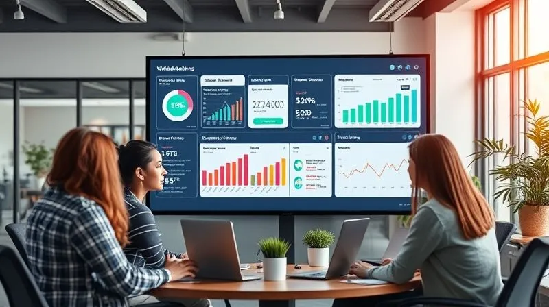 A photorealistic image of a diverse team of digital marketing professionals collaborating around a large, interactive screen displaying a unified dashboard with website performance metrics, SEO rankings, and customer satisfaction scores. The office is modern and vibrant, with natural light. Cinematic lighting, sharp focus on the team and screen, depth of field blurring the background. 8K hyper-detailed, professional photography, shot on a high-end DSLR, conveying synergy and strategic growth.