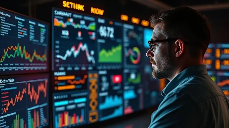 A photorealistic image of a complex network dashboard with glowing data streams and analytics charts, being meticulously monitored by a data scientist. The room is dark with the screens casting ambient light. Cinematic lighting, sharp focus on the dashboard and the data scientist's attentive face, depth of field blurring the background. 8K hyper-detailed, professional photography, shot on a high-end DSLR, conveying data-driven decision making and advanced monitoring.