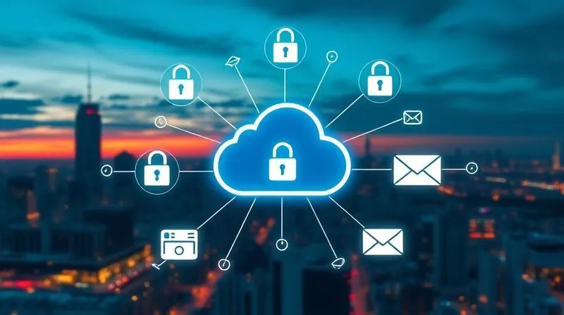 A photorealistic image of a digital ecosystem, with a central cloud server icon radiating interconnected services like secure SSL padlocks, fast CDN nodes, backup archives, and email envelopes. The elements are vibrant and seamlessly integrated, against a backdrop of a city skyline at dusk, symbolizing global reach and connectivity. Cinematic lighting, sharp focus on the digital elements, depth of field blurring the city. 8K hyper-detailed, professional photography, shot on a high-end DSLR, conveying comprehensive digital solutions.