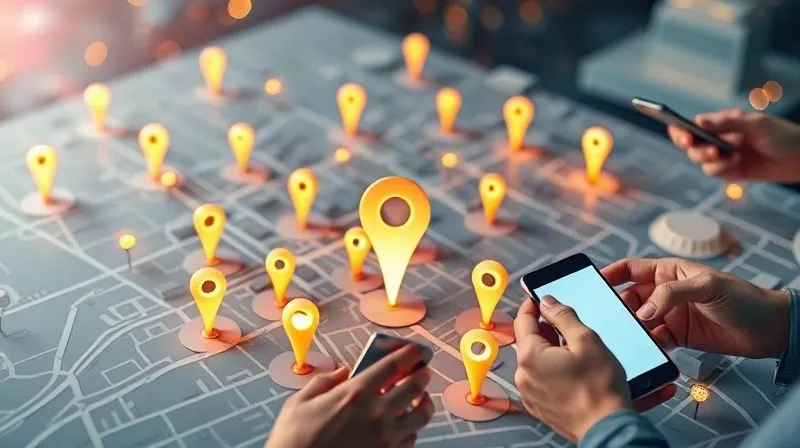 A photorealistic 3D map of a city, with multiple glowing pins indicating local businesses. One central, brighter pin represents the optimized business. Surrounding the map are hands interacting with smartphones, searching for services. Cinematic lighting, 8K, sharp focus on the central pin, depth of field blurring the background.