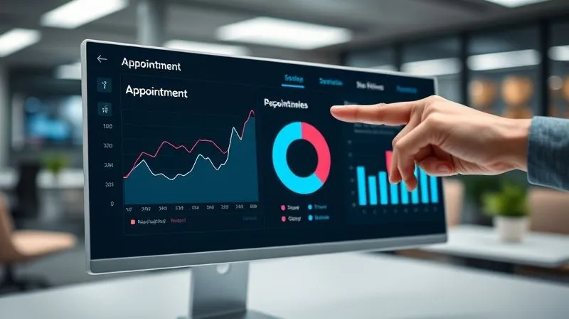 A photorealistic image of a sleek, modern dashboard displaying various data visualizations: a line graph showing appointment trends, a pie chart of service popularity, and a bar chart of no-show rates. A hand is pointing at a specific data point, suggesting analysis. Cinematic lighting, 8K, sharp focus on the dashboard, depth of field blurring a professional office background.