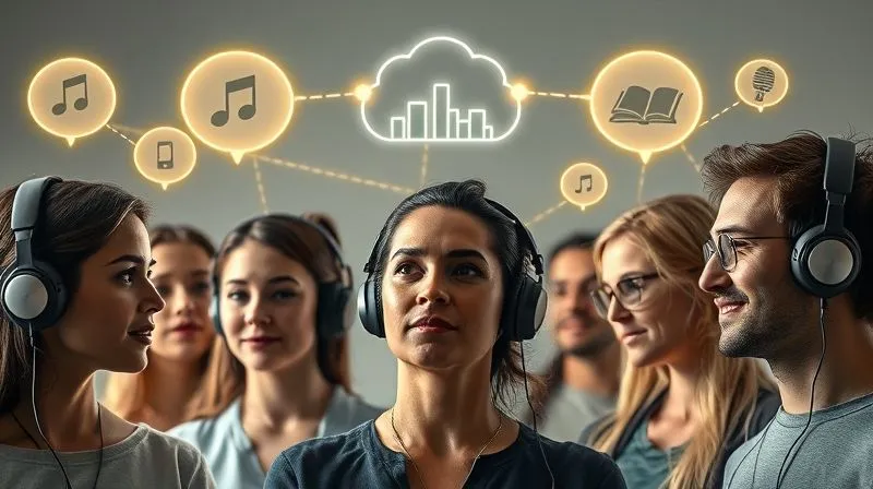 A photorealistic, professional photography, 8K, cinematic lighting, sharp focus, depth of field, shot on a high-end DSLR, of a diverse group of people (different ages, genders, ethnicities) wearing headphones, each with a thought bubble above their head containing symbols of their interests (music notes, sports ball, book, microphone, city skyline). They are subtly connected by glowing lines to a central, abstract radio wave icon, symbolizing diverse audience segmentation and connection.