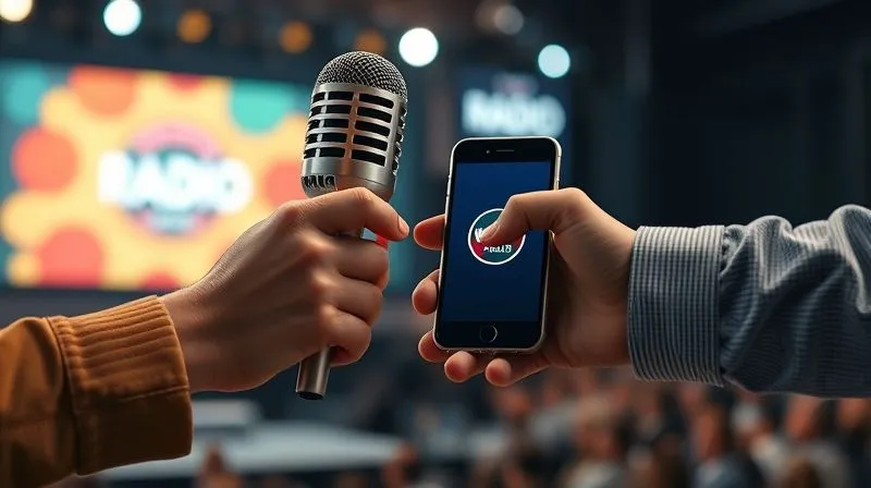 A photorealistic, professional photography, 8K, cinematic lighting, sharp focus, depth of field, shot on a high-end DSLR, showing two hands (one holding a vintage microphone, the other a modern smartphone displaying a radio app logo) clasped in a handshake, symbolizing collaboration and partnership. In the background, a blurred stage with a spotlight and a digital audience count on a screen, representing the growth achieved through joint efforts.