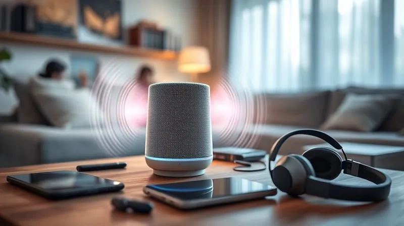 A photorealistic, professional photography, 8K, cinematic lighting, sharp focus, depth of field, shot on a high-end DSLR, depicting a futuristic smart speaker emitting glowing sound waves, surrounded by various modern devices like a smartphone, tablet, and wireless headphones. The scene is set in a cozy, modern living room, emphasizing seamless integration of radio into daily life through technology.