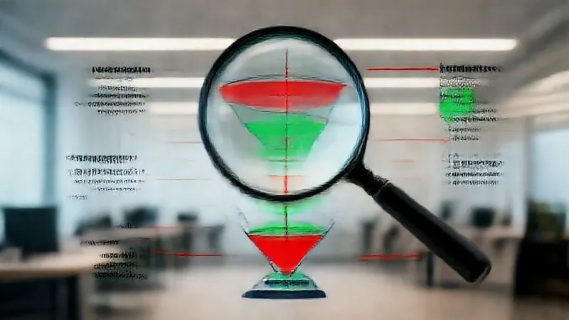 A photorealistic, professional photography image of a magnifying glass hovering over a complex digital marketing funnel infographic, with key metrics highlighted in red and green, indicating areas for improvement and success. Cinematic lighting, sharp focus on the magnifying glass and infographic, depth of field blurring a modern office background. 8K hyper-detailed, shot on a high-end DSLR.