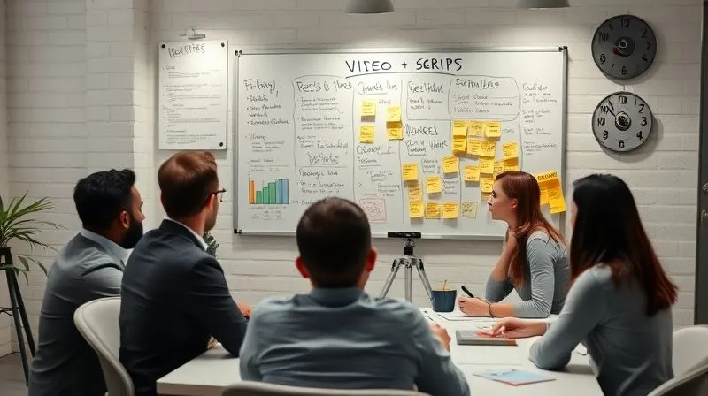 Photorealistic, professional photography, 8K, cinematic lighting, sharp focus, depth of field, shot on a high-end DSLR. A creative team actively brainstorming around a whiteboard filled with video script ideas, flowcharts, and sticky notes, representing efficient pre-production and strategic planning. The mood is collaborative and focused.