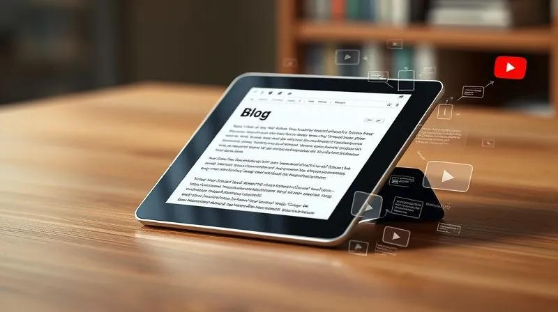 Photorealistic, professional photography, 8K, cinematic lighting, sharp focus, depth of field, shot on a high-end DSLR. A creative concept showing an existing blog post (represented by a digital tablet with text) visually transforming into various video formats: a short social media clip, a longer YouTube explanation, and an animated infographic, all flowing seamlessly, symbolizing content repurposing and efficiency.