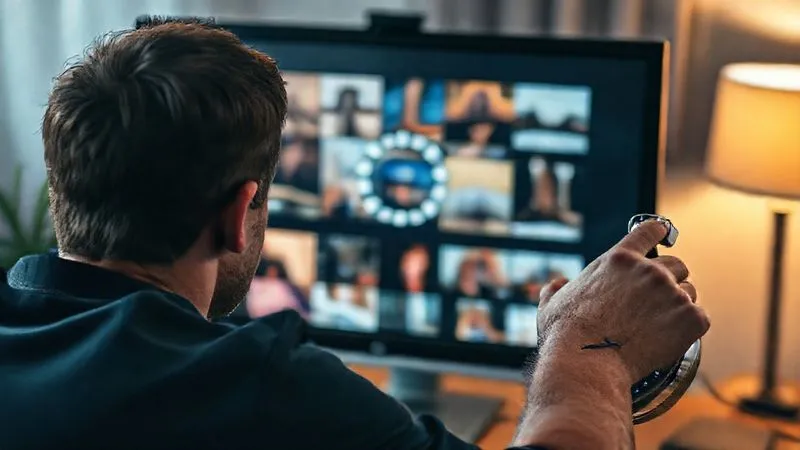 Photorealistic image of a frustrated person looking at a spinning loading icon on a computer screen displaying a blurry photo gallery, with a digital stopwatch nearby showing elapsed time, cinematic lighting, sharp focus on the screen, depth of field, 8K hyper-detailed.