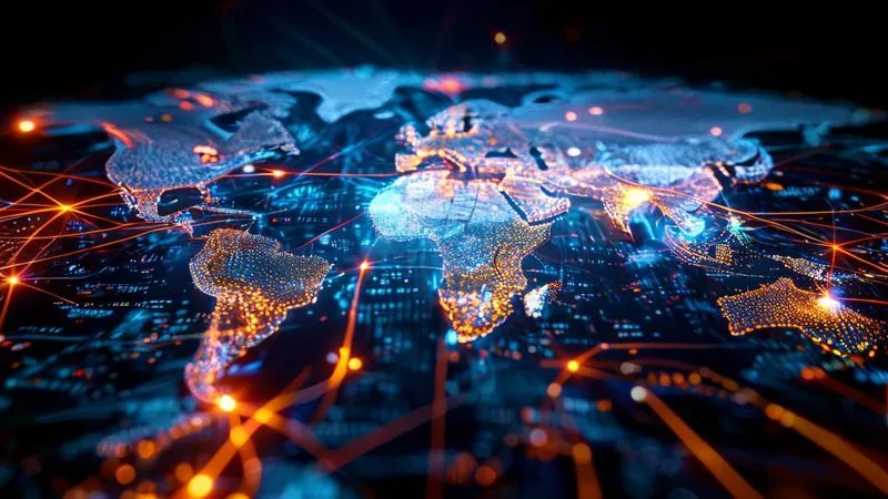 A photorealistic, professional photography, 8K, cinematic lighting, sharp focus, depth of field, shot on a high-end DSLR. A glowing, intricate global network map with interconnected nodes, representing data flowing rapidly across continents. In the foreground, a subtle digital interface shows website speed metrics improving in real-time. Emphasize global reach and efficiency.