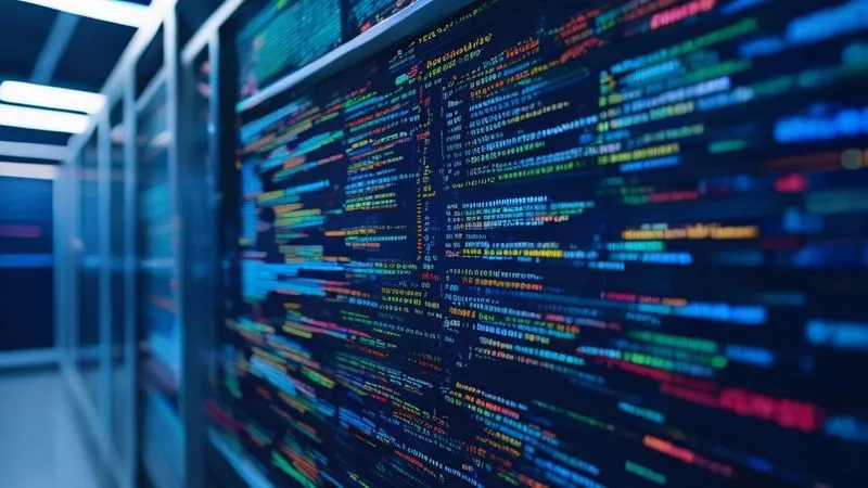 A photorealistic close-up of computer code on a screen, with lines of CSS and JavaScript appearing neatly compressed and streamlined. The code is vibrant with subtle glowing elements, symbolizing efficiency and speed. Cinematic lighting, sharp focus on the code, depth of field blurring a background server rack, 8K hyper-detailed, shot on a high-end DSLR.