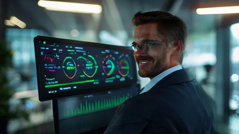A photorealistic, professional photography, 8K, cinematic lighting, sharp focus, depth of field, shot on a high-end DSLR. A digital dashboard displaying three prominent gauges, each representing LCP, FID, and CLS, with needles in the green 'good' zone. The background is a subtly blurred, modern office environment with a business professional smiling at a fast-loading screen. Emphasize performance and positive user experience.