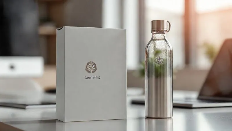 A photorealistic image of a sleek, minimalist package with a custom-designed logo, next to a product (e.g., a smart water bottle) also featuring the same subtle branding. The scene is clean, professional, with soft cinematic lighting, sharp focus on the branding, and depth of field blurring a modern workspace. 8K hyper-detailed.