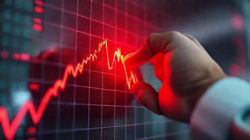 A photorealistic image of a digital graph sharply declining, with red warning lights flashing around it, overlaid with a hand attempting to pull the line back up. The image conveys urgency and struggle against market forces, cinematic lighting, sharp focus, depth of field, 8K hyper-detailed, professional photography, shot on a high-end DSLR.