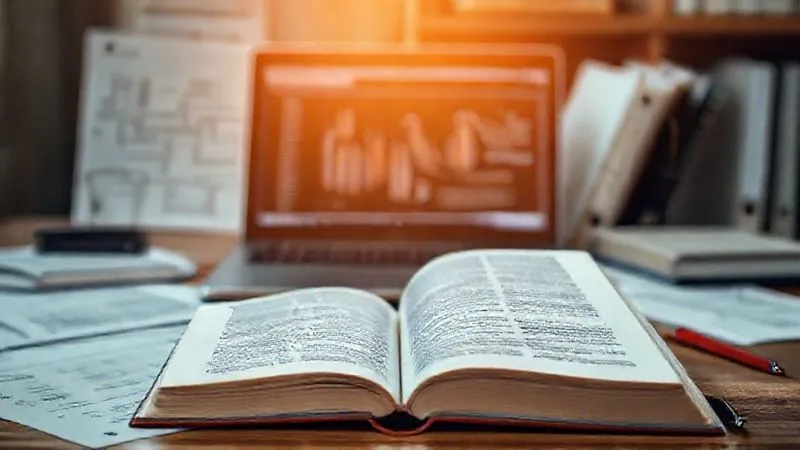 A photorealistic, professional photography of an open academic textbook with a laptop showing an EAD platform interface in the background, surrounded by various educational documents and a pen, all bathed in soft, cinematic lighting. Sharp focus on the open book and laptop, depth of field blurring the background, 8K hyper-detailed, shot on a high-end DSLR.