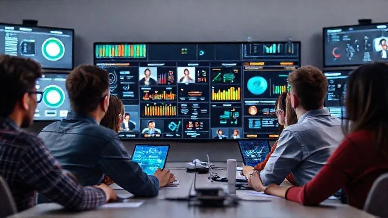 A photorealistic image of a diverse group of students and educators engaged in a virtual meeting on a large screen, with data dashboards and feedback charts displayed on surrounding monitors. The scene should convey collaborative evaluation and continuous improvement in an EAD setting, with bright, cinematic lighting and sharp focus on the main screen, depth of field blurring the background, 8K hyper-detailed, shot on a high-end DSLR.