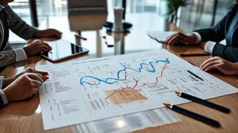 A photorealistic, professional photography of a detailed strategic roadmap or a large institutional development plan (PDI) document spread on a modern conference table, surrounded by pens, highlighters, and a tablet displaying data analytics. The scene should convey meticulous planning and foresight, with sharp focus on the document's details, cinematic lighting, depth of field blurring the background, 8K hyper-detailed, shot on a high-end DSLR.