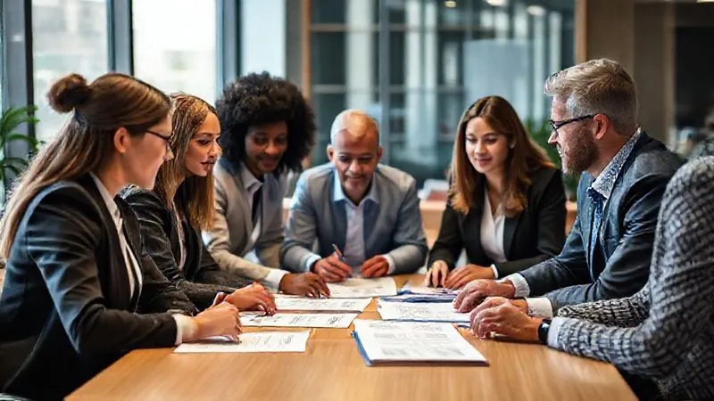 A photorealistic image of a diverse team of education professionals and a regulatory consultant collaborating around a table, reviewing digital documents and discussing compliance strategies for EAD. The setting should be a modern office, conveying expertise and teamwork, with cinematic lighting, sharp focus on the documents and faces, depth of field blurring the background, 8K hyper-detailed, shot on a high-end DSLR.