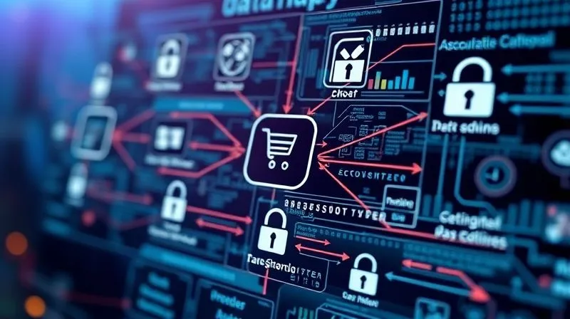 A photorealistic image of a complex data flow diagram, with arrows indicating data movement between different systems (e-commerce platform, CRM, payment gateway), overlaid with security icons, cinematic lighting, sharp focus, depth of field, 8K hyper-detailed, professional photography, shot on a high-end DSLR.