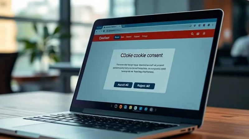 A photorealistic close-up of a laptop screen showing an e-commerce website with a GDPR-compliant cookie consent banner prominently displayed, offering options to 'Accept All', 'Reject All', or 'Manage Preferences', with a blurred background of a modern office, cinematic lighting, sharp focus, depth of field, 8K hyper-detailed, professional photography, shot on a high-end DSLR.
