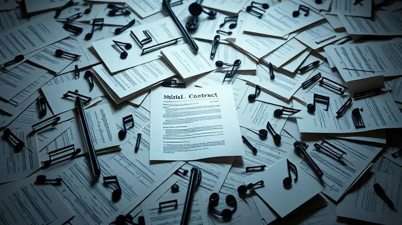 A photorealistic image of a labyrinth made of legal documents and musical notes, with a spotlight on a digital contract, symbolizing the complexity of music licensing, cinematic lighting, sharp focus, depth of field, 8K hyper-detailed, shot on a high-end DSLR.