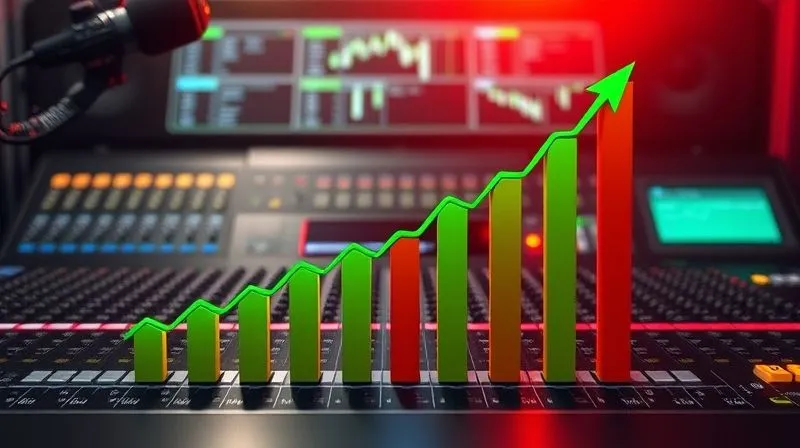 A photorealistic image of a bar graph showing a steep decline in legal risks for an online radio station over time, with green upward arrows indicating compliance and growth, set against a backdrop of a modern sound mixing board, cinematic lighting, sharp focus, depth of field, 8K hyper-detailed, shot on a high-end DSLR.