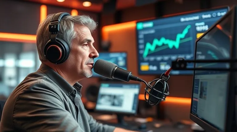 A photorealistic image of a radio host in a modern studio looking at a financial graph on a screen, showing optimized costs and increased revenue due to legal compliance, with a focused, determined expression, cinematic lighting, sharp focus on the host and screen, depth of field blurring the background, 8K hyper-detailed, shot on a high-end DSLR.