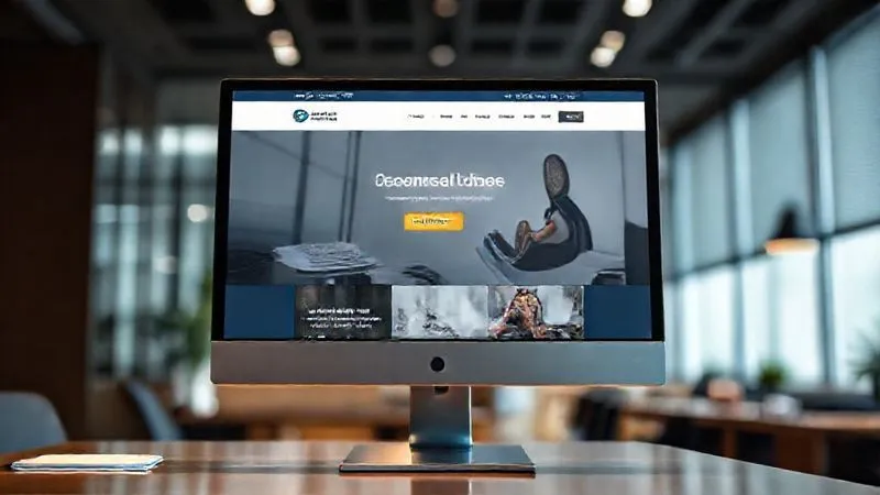 A photorealistic image of a sleek, modern legal website displayed on a desktop monitor, with a prominent 'Contact Us' button and clear navigation. The screen shows well-organized content about legal services, with a professional and trustworthy aesthetic. Cinematic lighting, sharp focus on the monitor, depth of field blurring the background of a sophisticated office, 8K hyper-detailed.