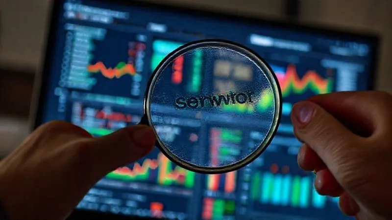 A photorealistic image of a magnifying glass hovering over a computer screen displaying a complex SEO dashboard with keywords, traffic graphs, and ranking metrics. The screen is vibrant with data, while a hand with a pen points to a specific keyword. Cinematic lighting, sharp focus on the screen and magnifying glass, depth of field blurring the background, 8K hyper-detailed.