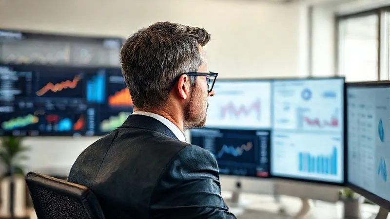 A photorealistic image of a lawyer, focused, looking at multiple screens displaying various data dashboards: Google Analytics charts, social media engagement metrics, and a CRM system showing client acquisition funnels. The setting is a modern, clean office. Cinematic lighting, sharp focus on the lawyer and screens, depth of field, 8K hyper-detailed.