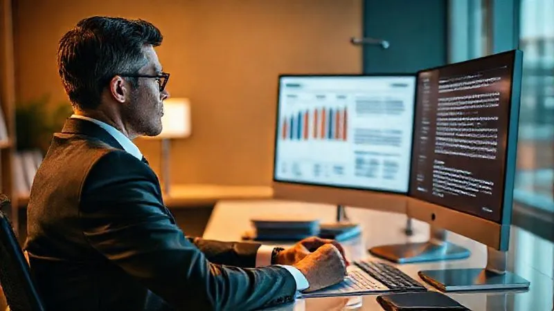 A photorealistic image of a lawyer sitting at a modern desk, looking thoughtfully at two screens: one displaying a digital marketing dashboard with ethical guidelines overlaid, and the other showing a legal text. The scene is bathed in warm, cinematic lighting, emphasizing focus and balance. Sharp focus on the lawyer's face and screens, with a soft depth of field. 8K hyper-detailed, professional photography, shot on a high-end DSLR.
