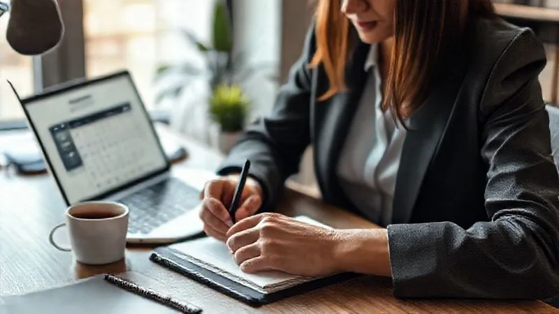 A photorealistic image of a professional woman, possibly a lawyer, writing notes in a legal pad while looking at a laptop screen displaying a content calendar. A cup of coffee and a small plant are on the desk. The atmosphere is calm and focused, with soft, natural light. Sharp focus on the woman and her tools, with a gentle depth of field. 8K hyper-detailed, professional photography, shot on a high-end DSLR.