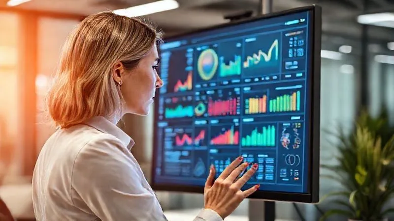 A photorealistic image of a professional woman, possibly a data analyst or marketing specialist, intently reviewing a large digital dashboard filled with charts, graphs, and KPIs on a monitor. The background is a modern office setting. The lighting is bright and focused on the screen, reflecting a sense of precision and analysis. Sharp focus on the screen and the woman's hands, with a soft depth of field. 8K hyper-detailed, professional photography, shot on a high-end DSLR.