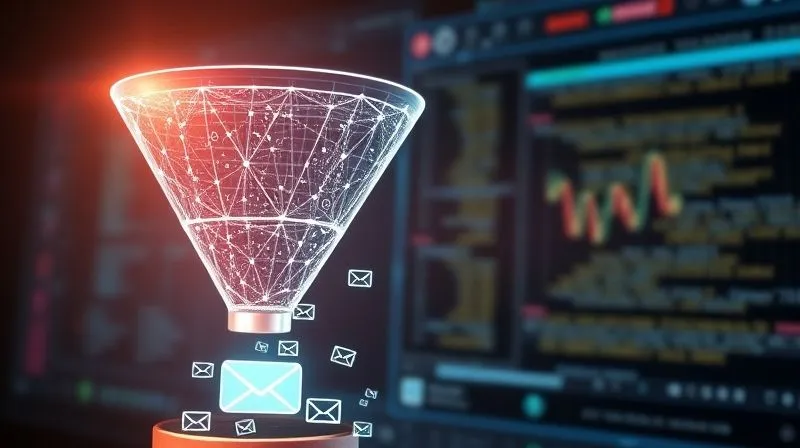 A photorealistic image of a digital funnel glowing with light, showing data flowing from a wide top (representing website traffic) narrowing down to a bottom where email icons and money symbols emerge. The background is a sophisticated digital interface. Cinematic lighting, sharp focus, depth of field, 8K hyper-detailed, professional photography, shot on a high-end DSLR.