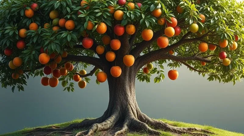 A photorealistic image of a tree with multiple branches, each branch bearing different types of fruit (representing various income streams like affiliate products, digital products, ads, services). The tree has deep, strong roots. Cinematic lighting, sharp focus, depth of field, 8K hyper-detailed, professional photography, shot on a high-end DSLR.