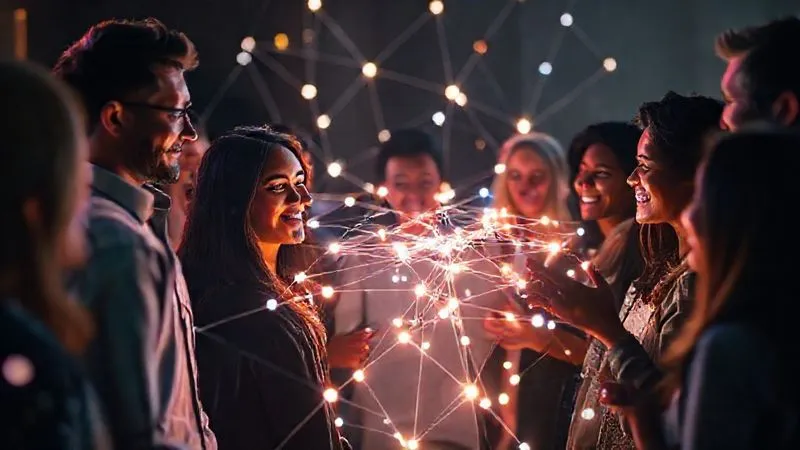 A photorealistic image of diverse people (representing users) gathered around a glowing, interconnected network of digital lines and nodes (representing a community platform). They are smiling, engaged in conversation, and some are interacting with holographic screens. Cinematic lighting, sharp focus on the people and network, depth of field, 8K hyper-detailed, professional photography, shot on a high-end DSLR.