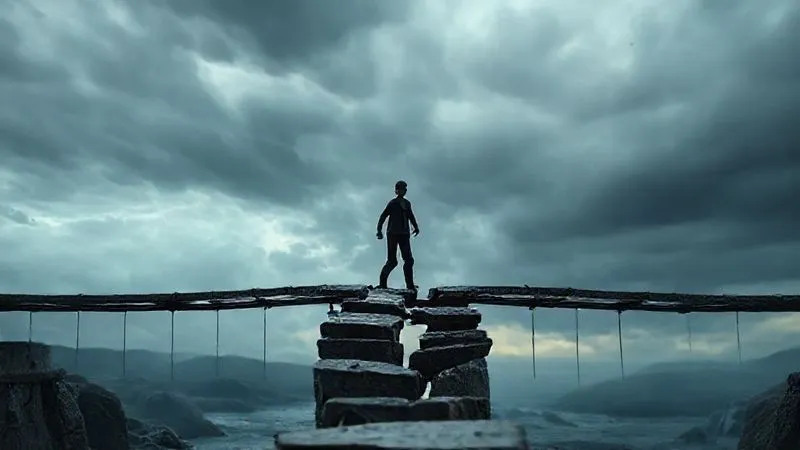 A photorealistic image of a metaphorical digital bridge with several broken segments (representing common pitfalls in churn prevention). A lone figure (representing an affiliate) is trying to cross, looking frustrated. The background is a stormy digital sky, emphasizing challenges. Cinematic lighting, sharp focus on the broken bridge, depth of field, 8K hyper-detailed, professional photography, shot on a high-end DSLR.