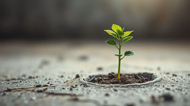 A photorealistic conceptual image depicting a small, struggling plant breaking through concrete, symbolizing growth and overcoming obstacles from humble beginnings. Cinematic lighting, sharp focus on the plant, depth of field blurring the concrete, 8K hyper-detailed, professional photography.