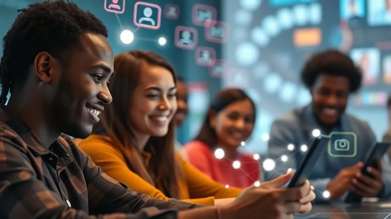 A photorealistic image of diverse individuals engaging in a vibrant online community, depicted by glowing connections and chat bubbles over their heads. They are smiling, looking at screens, with a sense of collaboration. Cinematic lighting, sharp focus on the interactions, depth of field blurring the background, 8K hyper-detailed, professional photography.