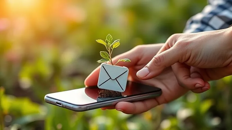 A photorealistic, professional photography of a hand watering a small plant growing out of a digital email icon on a smartphone screen, symbolizing growth and nurturing a subscriber list. Soft, natural lighting, sharp focus on the plant and phone, depth of field blurring a garden background, 8K hyper-detailed.