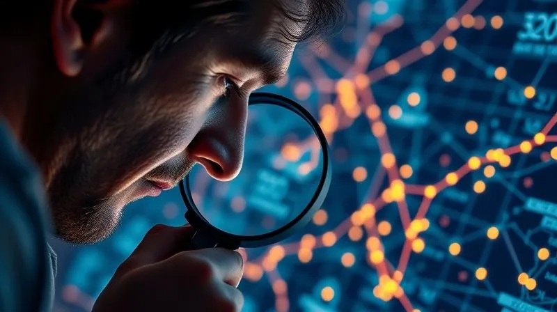 A photorealistic image of a person with a magnifying glass meticulously examining a complex digital map, filled with glowing data points and interconnected lines, representing niche market analysis. Cinematic lighting, sharp focus on the magnifying glass and map, depth of field blurring the background. 8K hyper-detailed, professional photography.